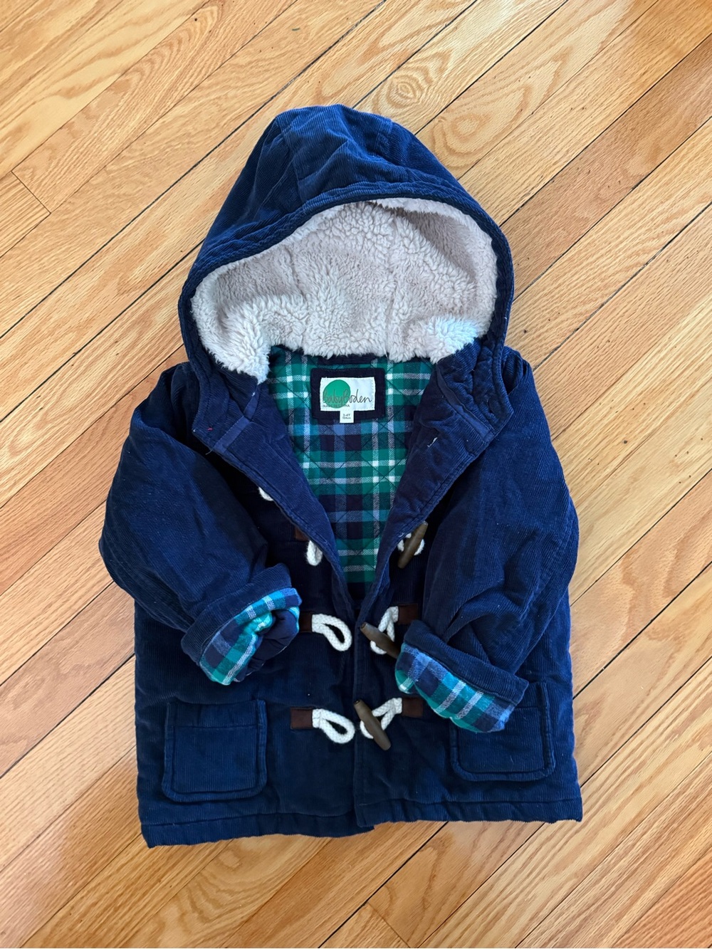Mini Boden corduroy Navy Blue Hooded Toggle Coat with Sherpa and Flannel Lining